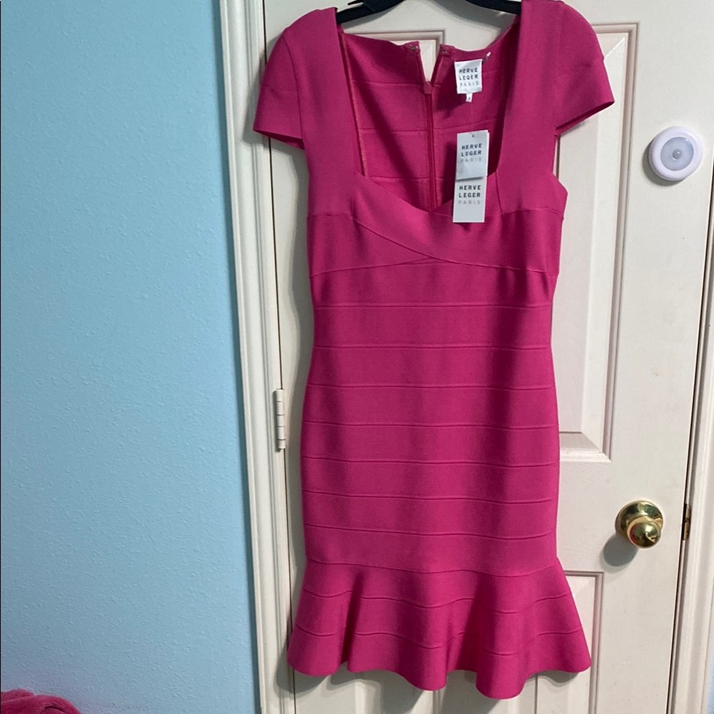 Herve Leger Pink Ruffled Sheath Mini Dress